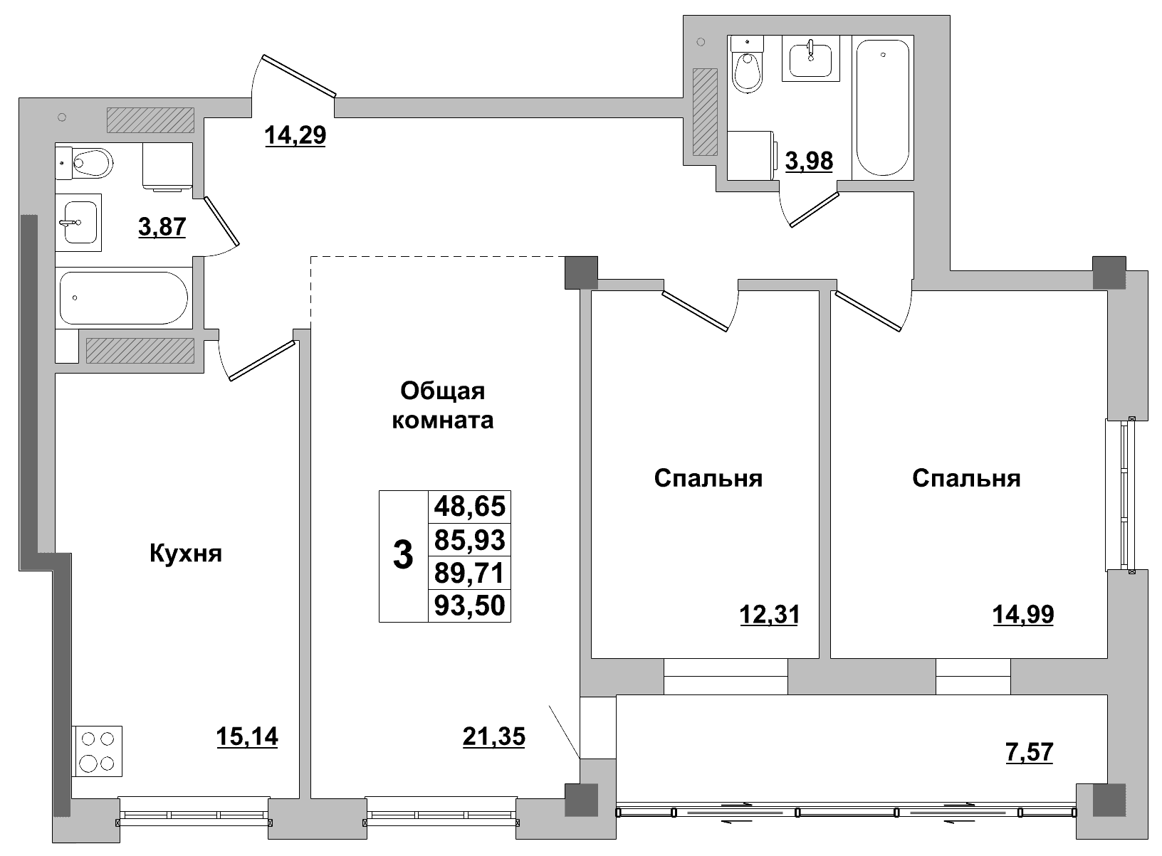 3 комн., 89.7 м²
