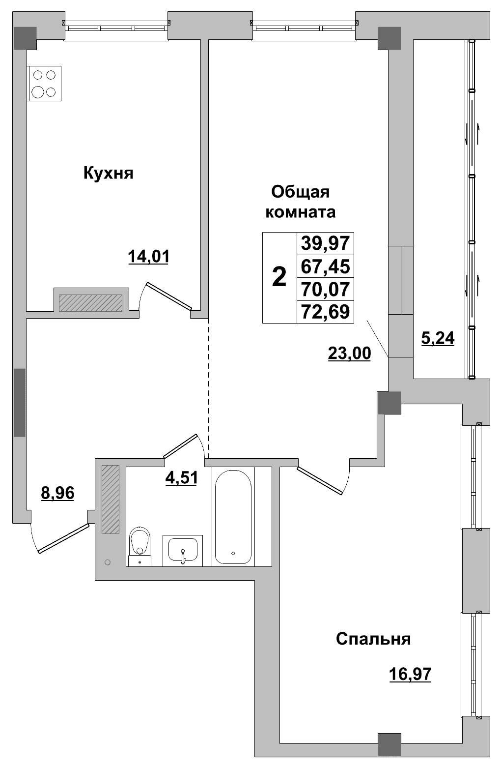 2 комн., 70.1 м²