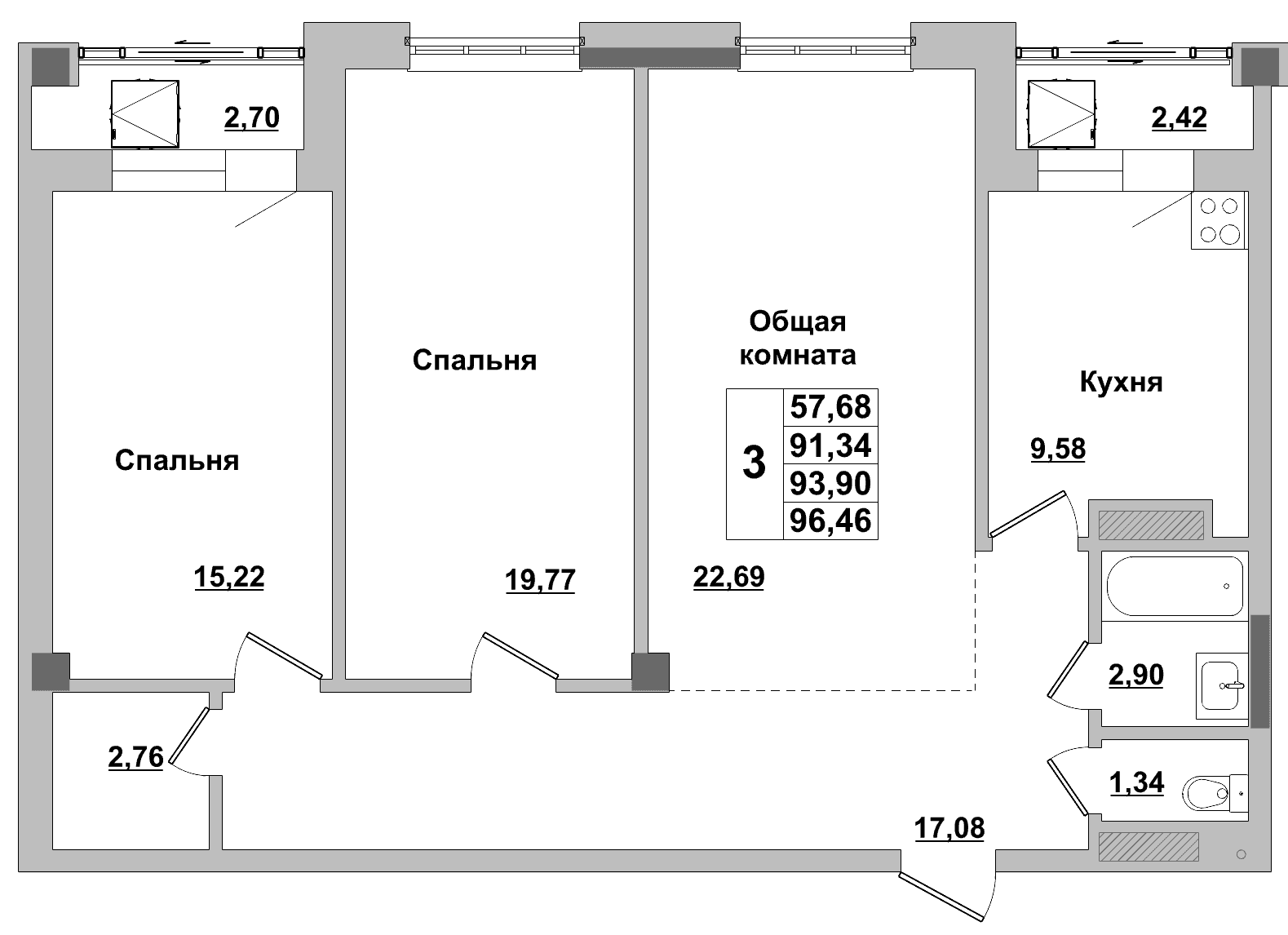 3 комн., 93.9 м²