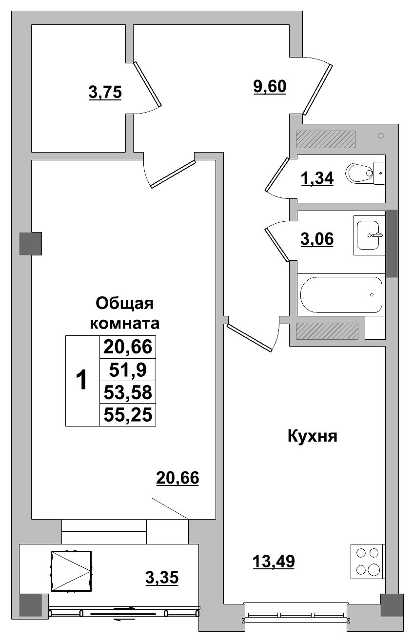 1 комн., 53.6 м²
