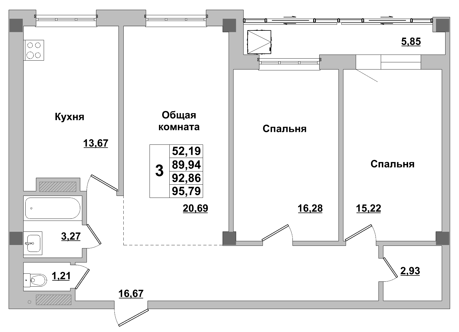3 комн., 92.9 м²