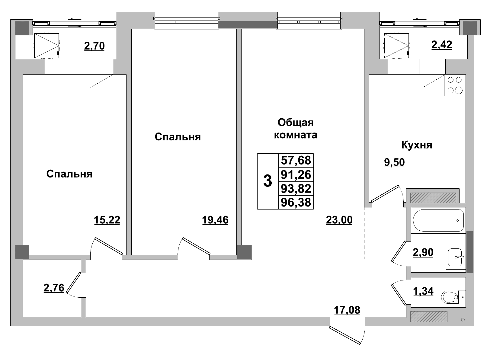 3 комн., 93.8 м²