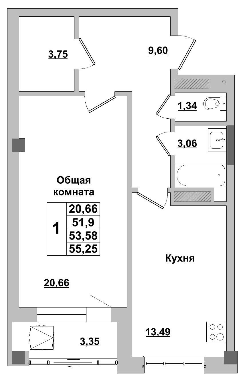 1 комн., 53.6 м²