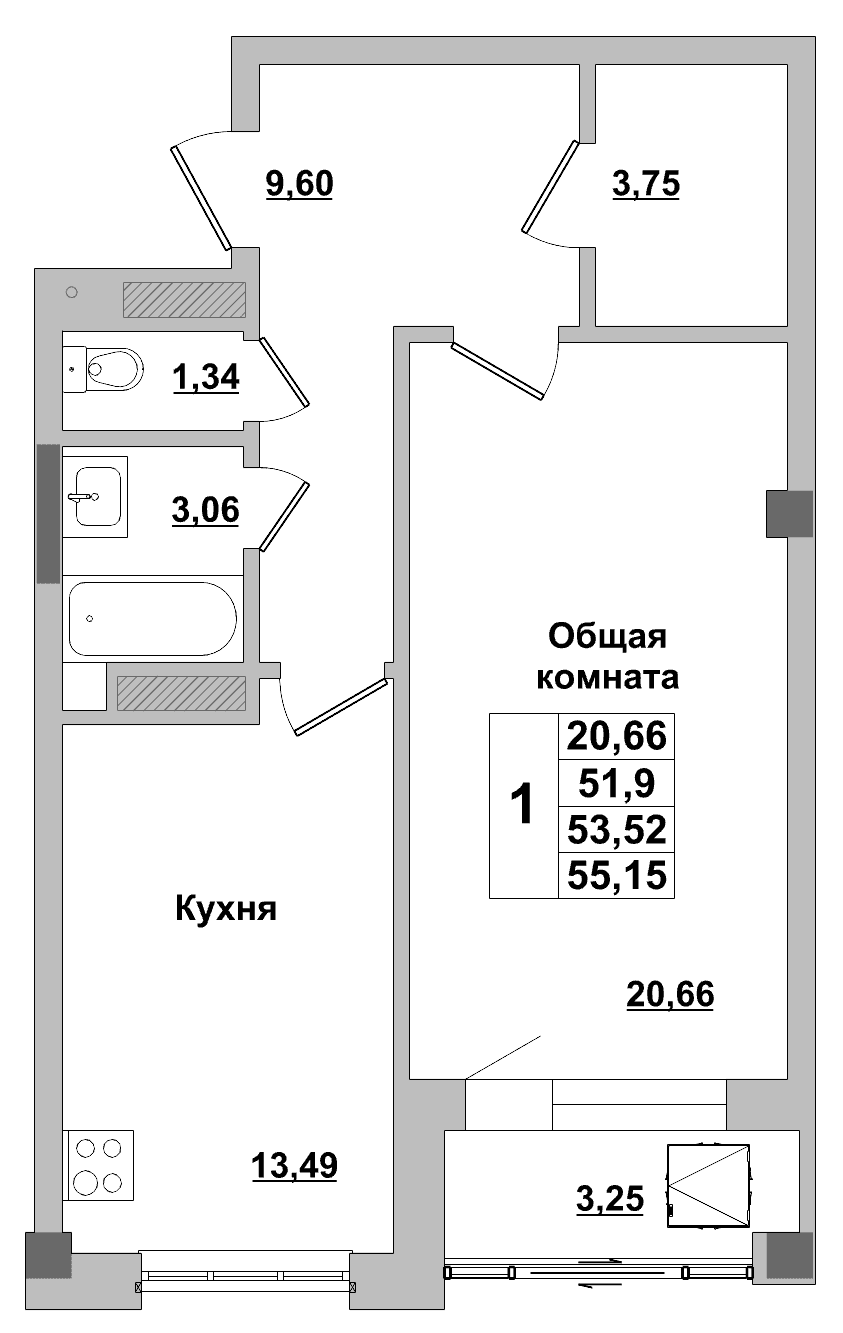 1 комн., 53.5 м²