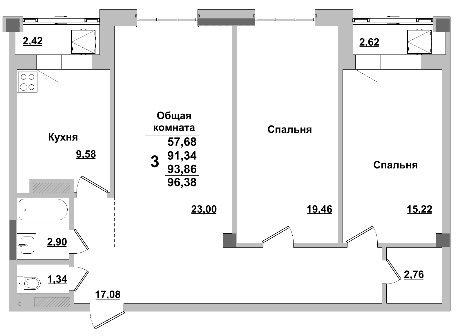 3 комн., 93.9 м²