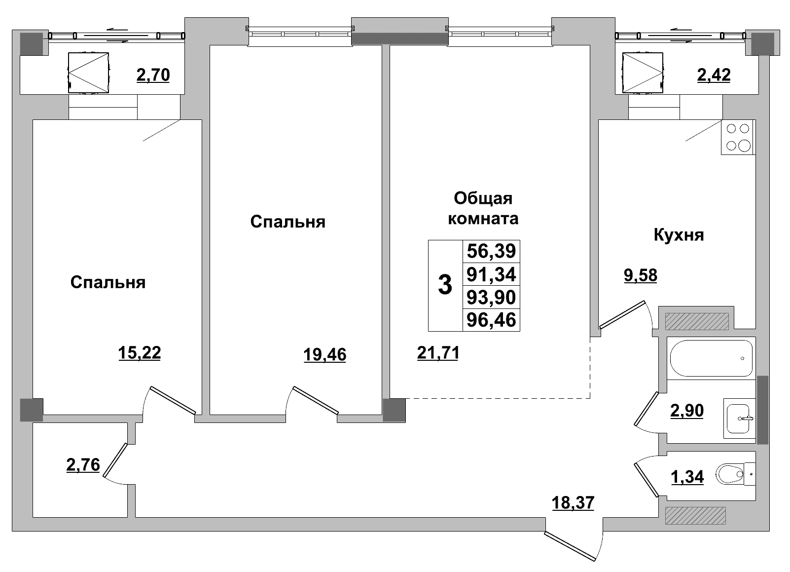 3 комн., 93.9 м²