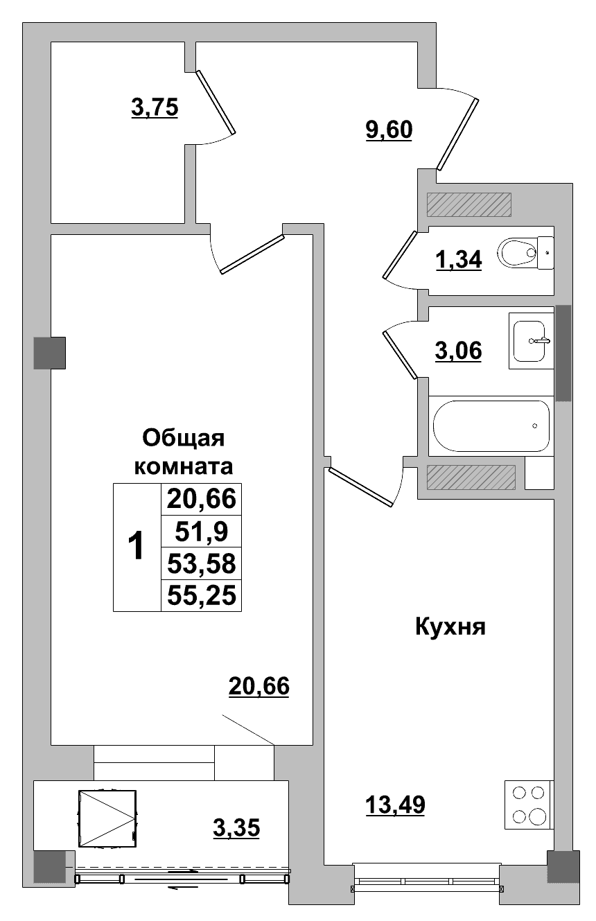 1 комн., 53.6 м²