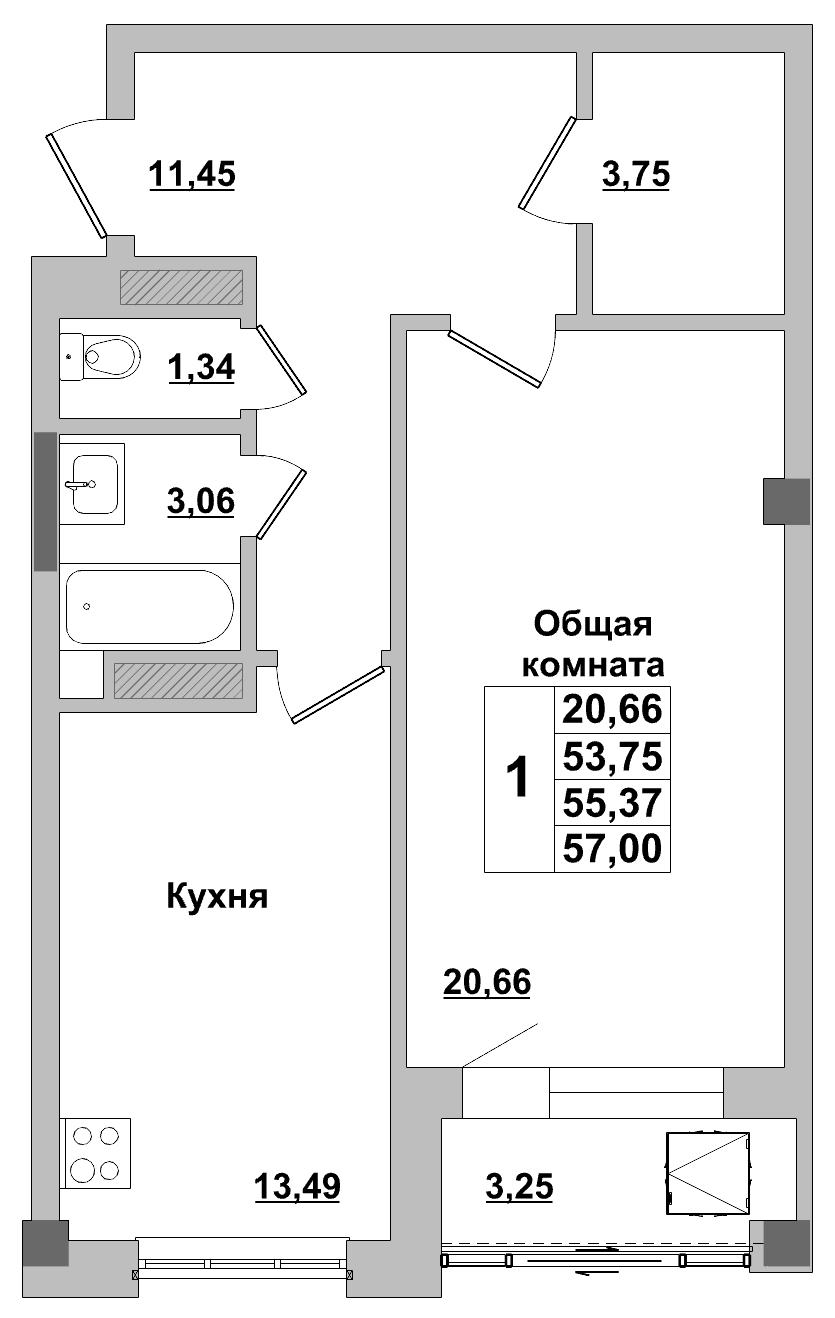 1 комн., 55.4 м²