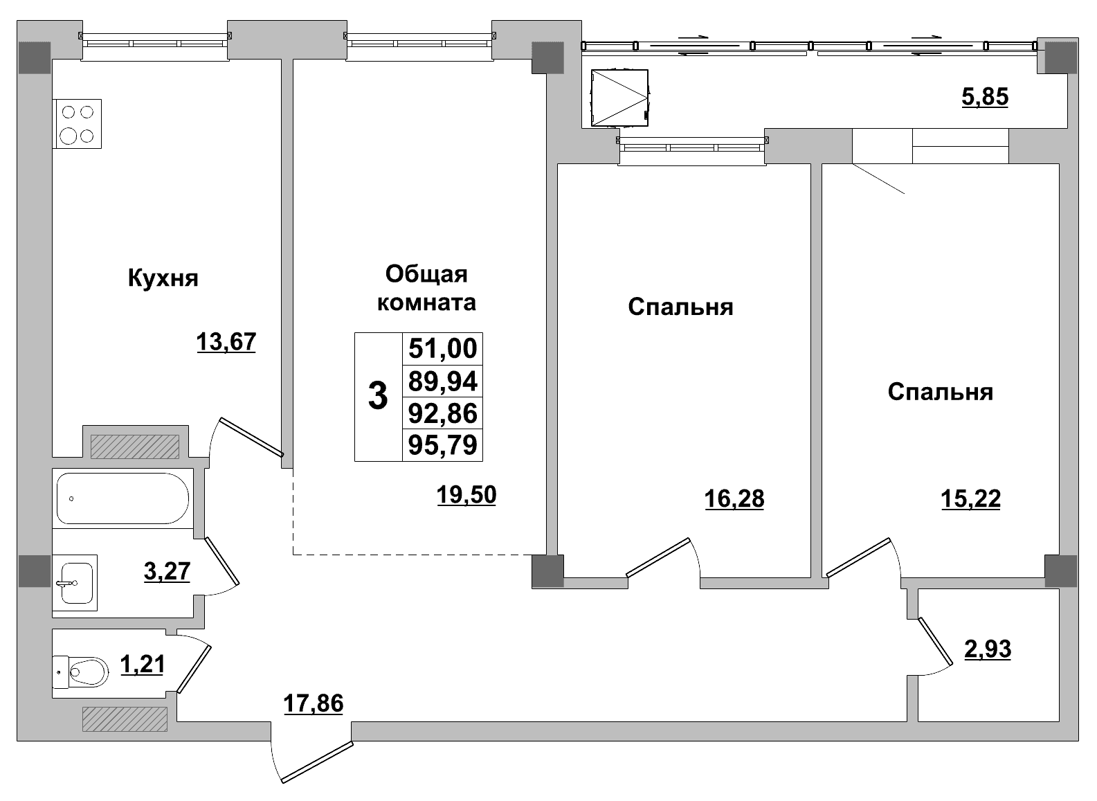 3 комн., 92.9 м²