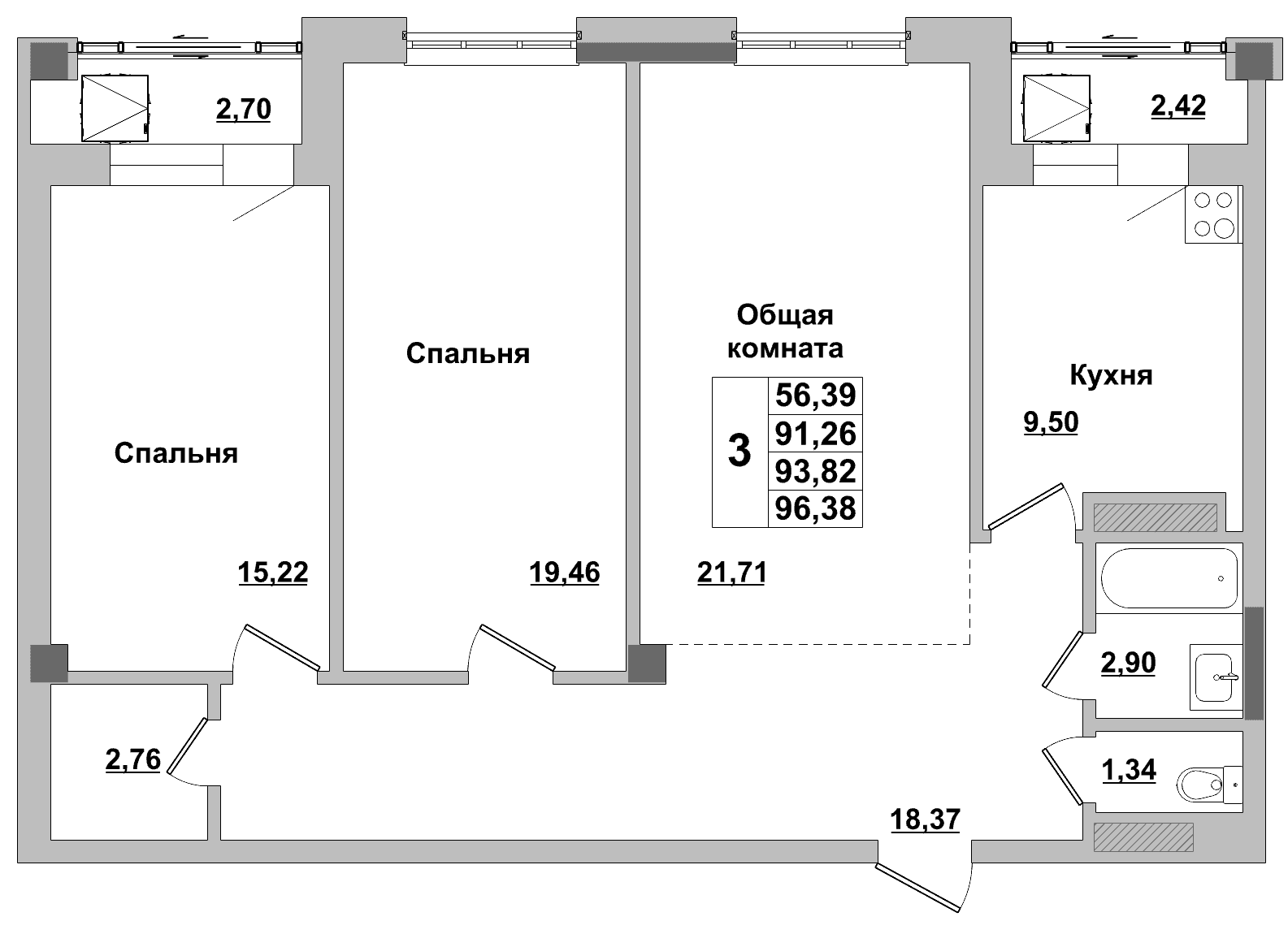 3 комн., 93.8 м²