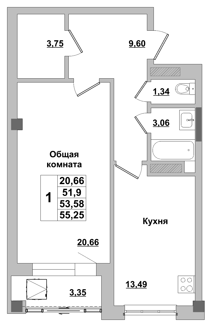 1 комн., 53.6 м²