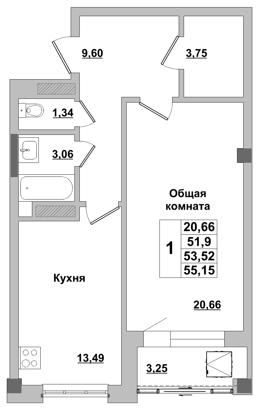 1 комн., 53.5 м²