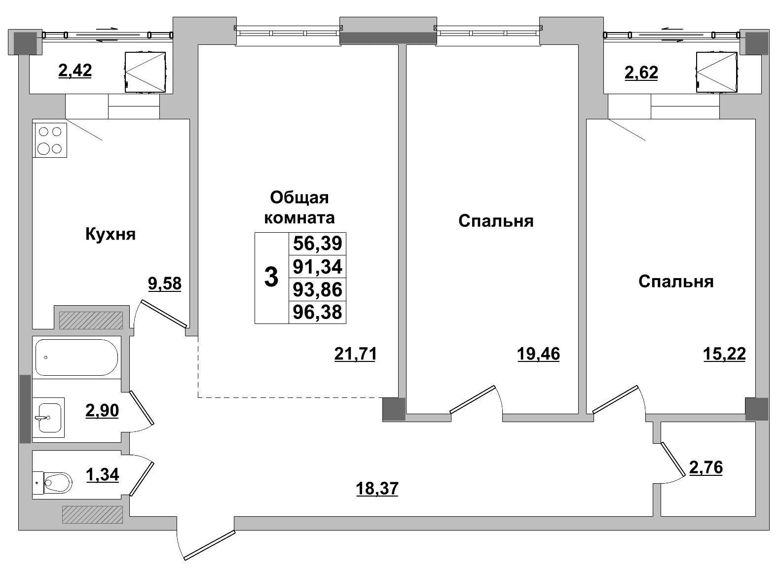 3 комн., 93.9 м²
