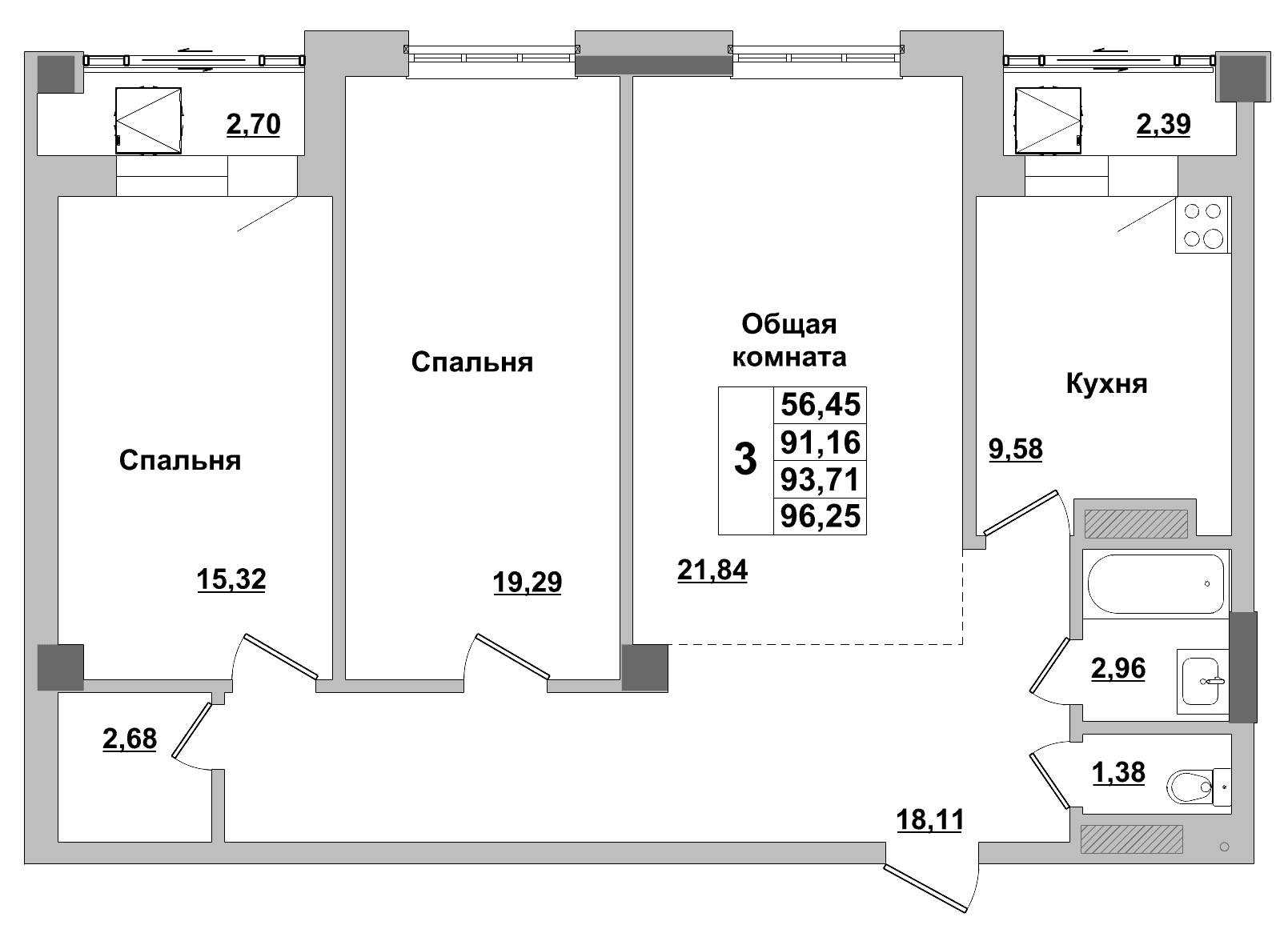 3 комн., 93.7 м²