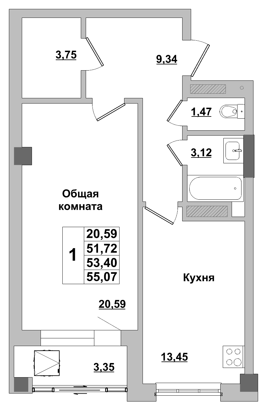 1 комн., 53.4 м²