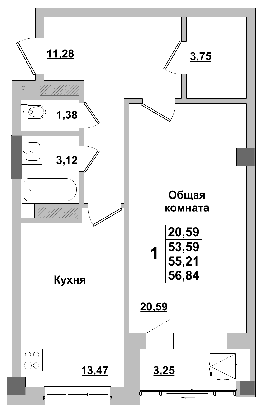 1 комн., 55.2 м²