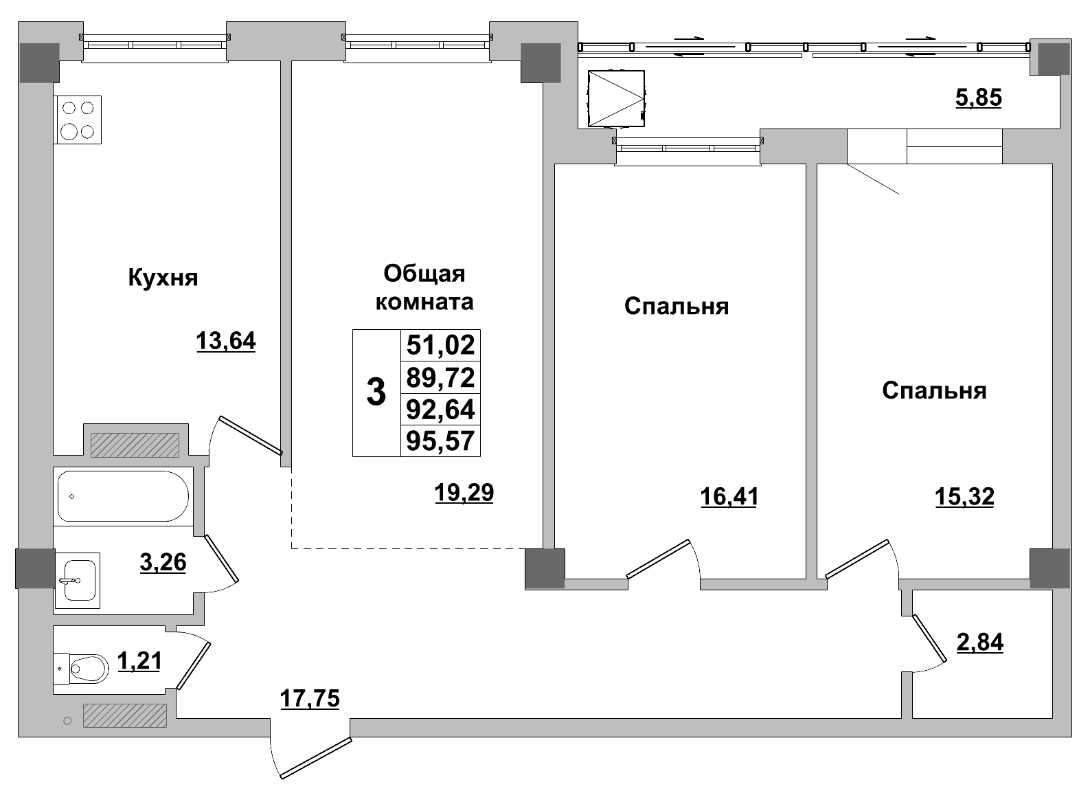 3 комн., 92.6 м²