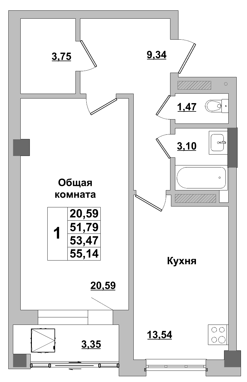 1 комн., 53.5 м²