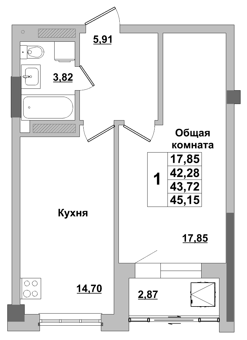 1 комн., 43.7 м²