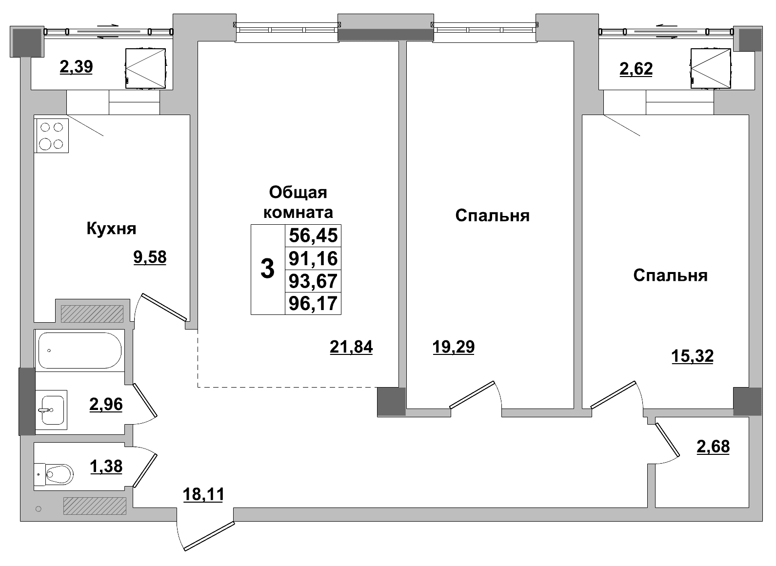3 комн., 93.7 м²