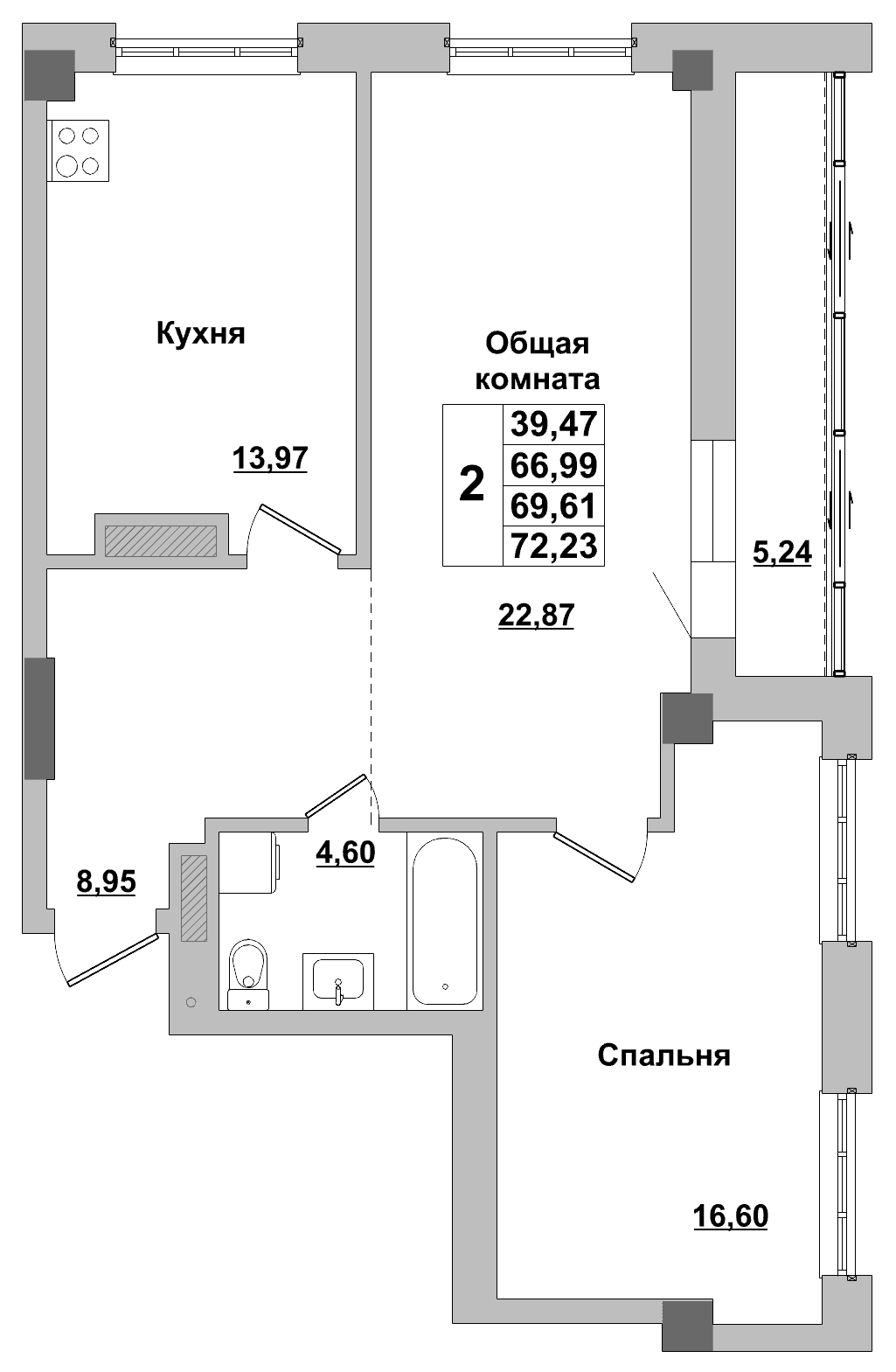 2 комн., 69.6 м²