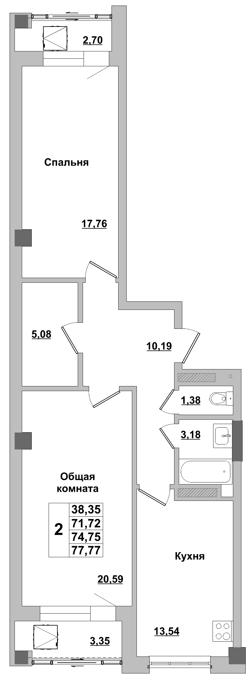 2 комн., 74.8 м²