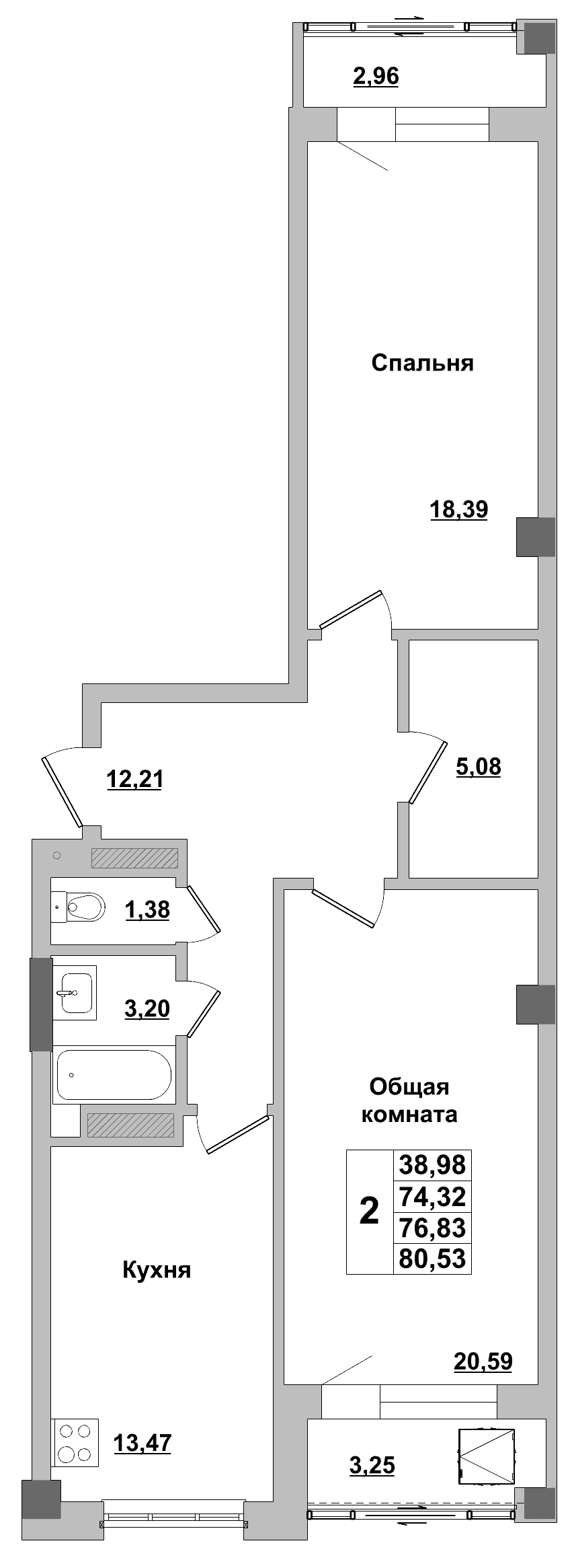2 комн., 76.8 м²