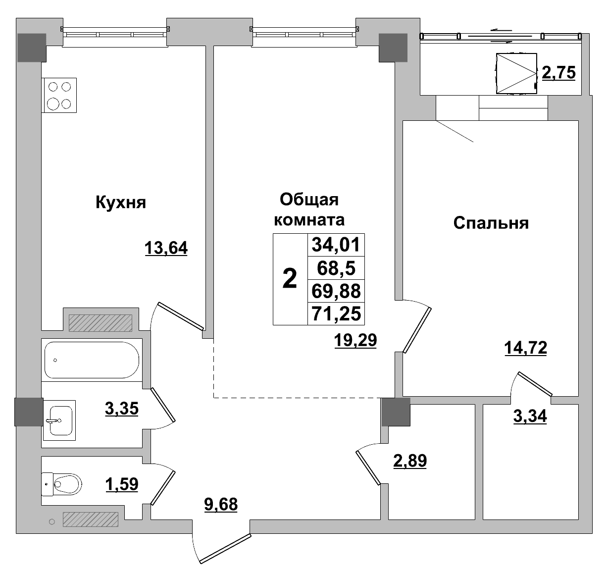 2 комн., 69.9 м²
