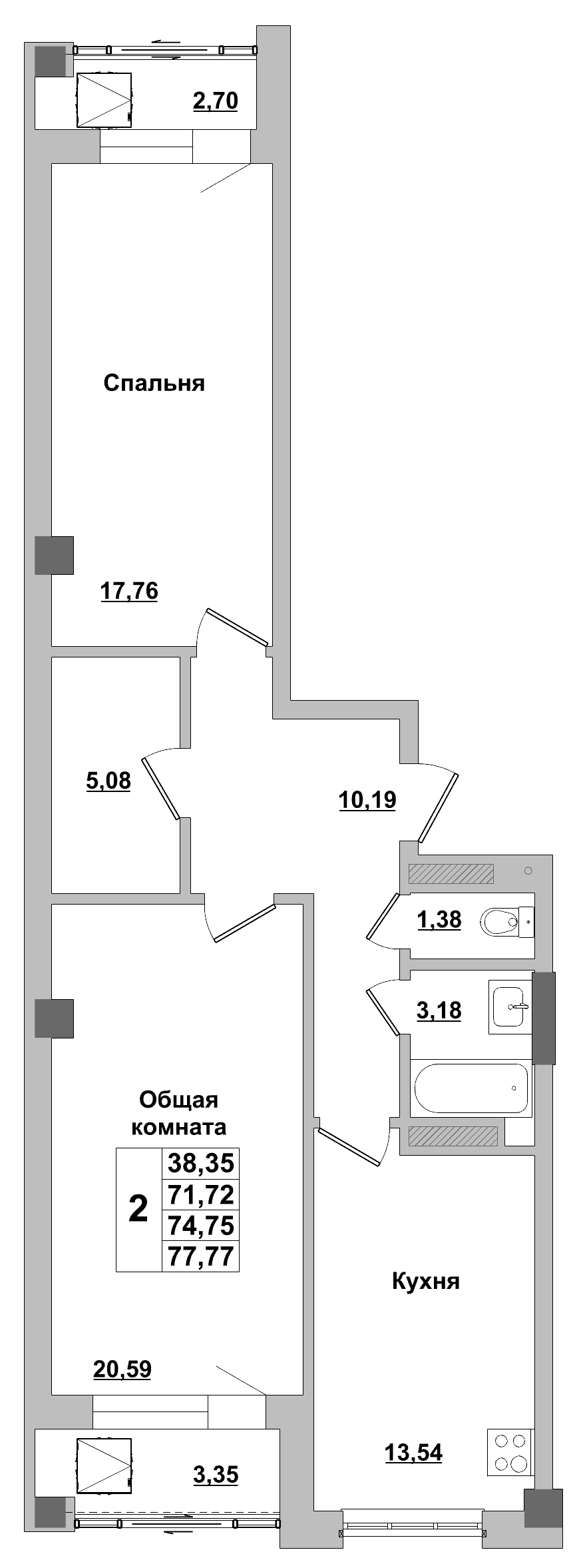 2 комн., 74.8 м²