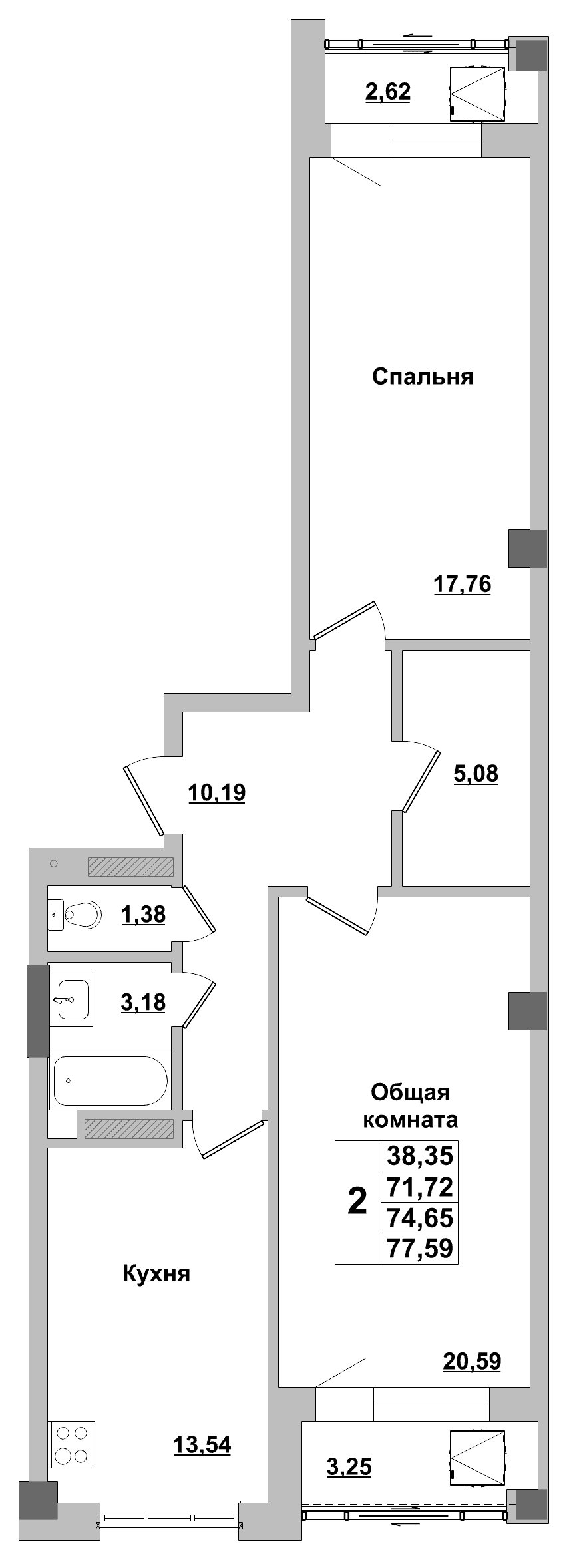 2 комн., 74.7 м²