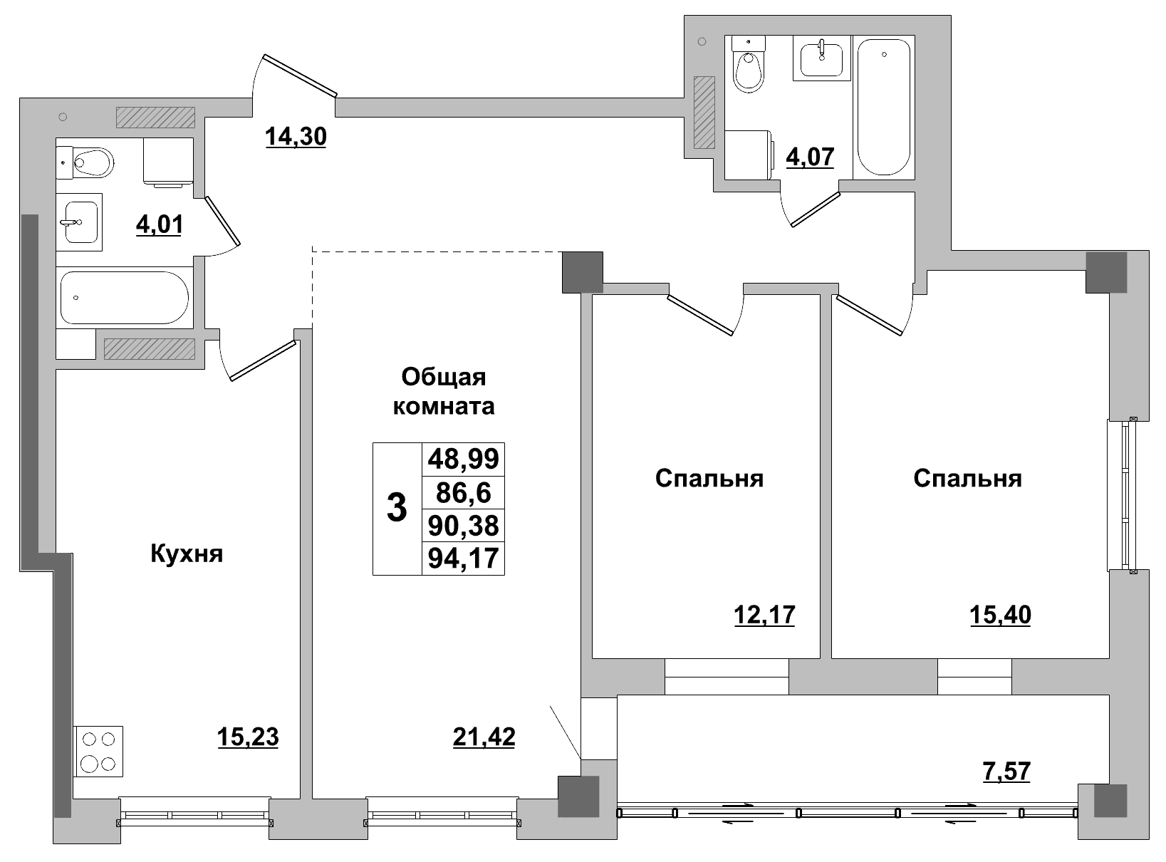 3 комн., 90.4 м²