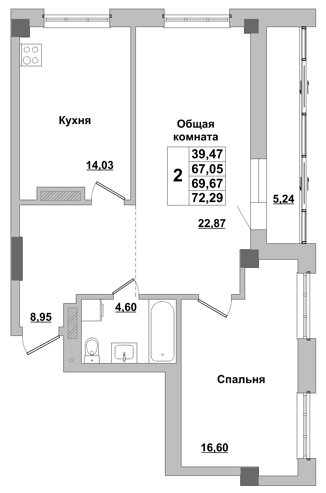 2 комн., 69.7 м²