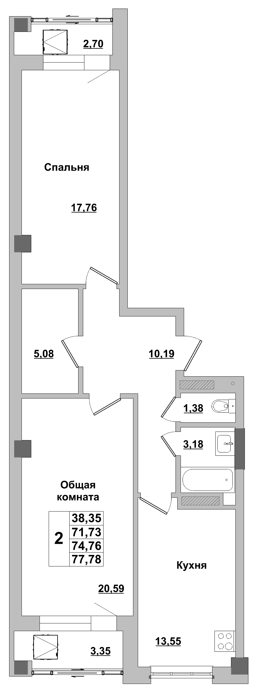 2 комн., 74.8 м²