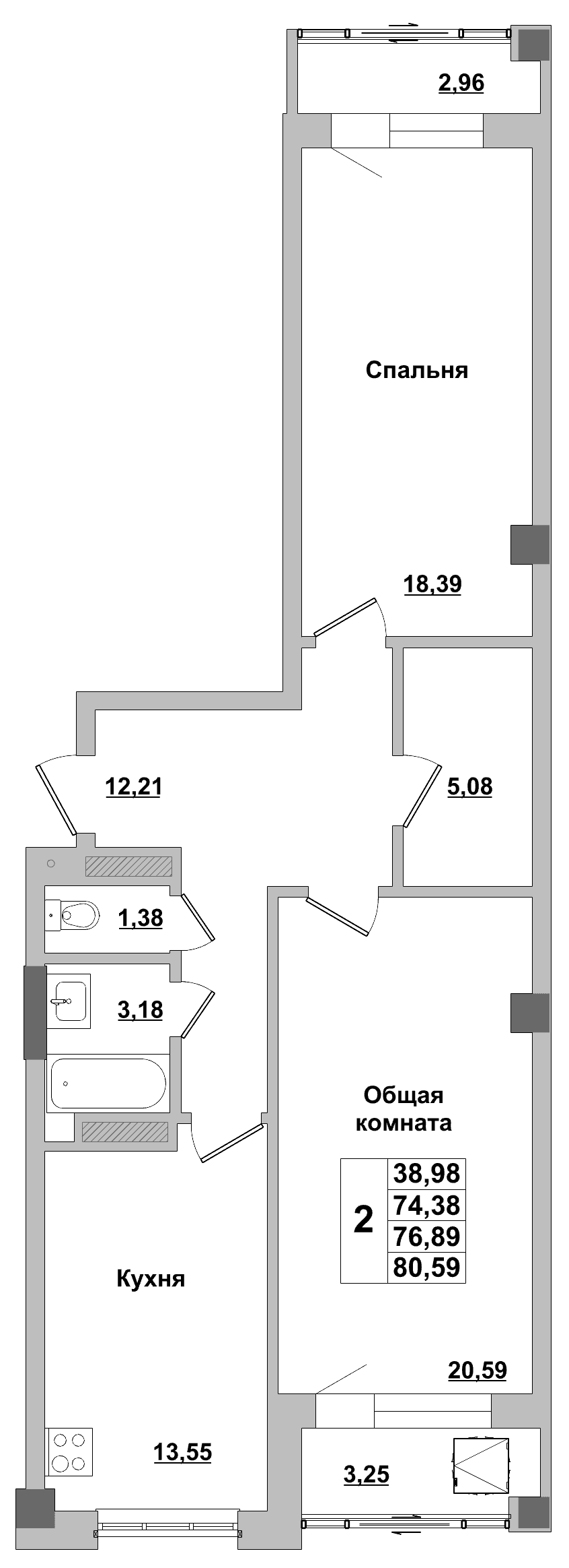 2 комн., 76.9 м²