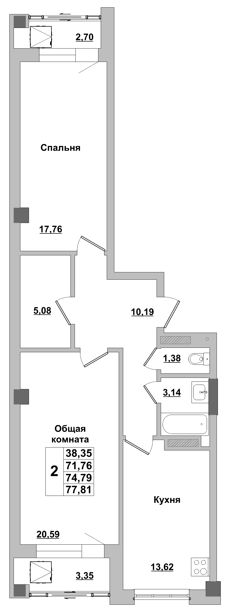 2 комн., 74.8 м²