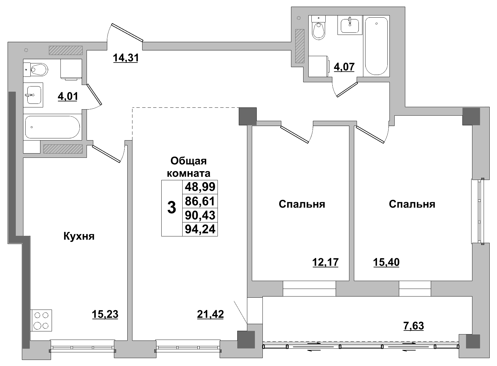 3 комн., 90.4 м²