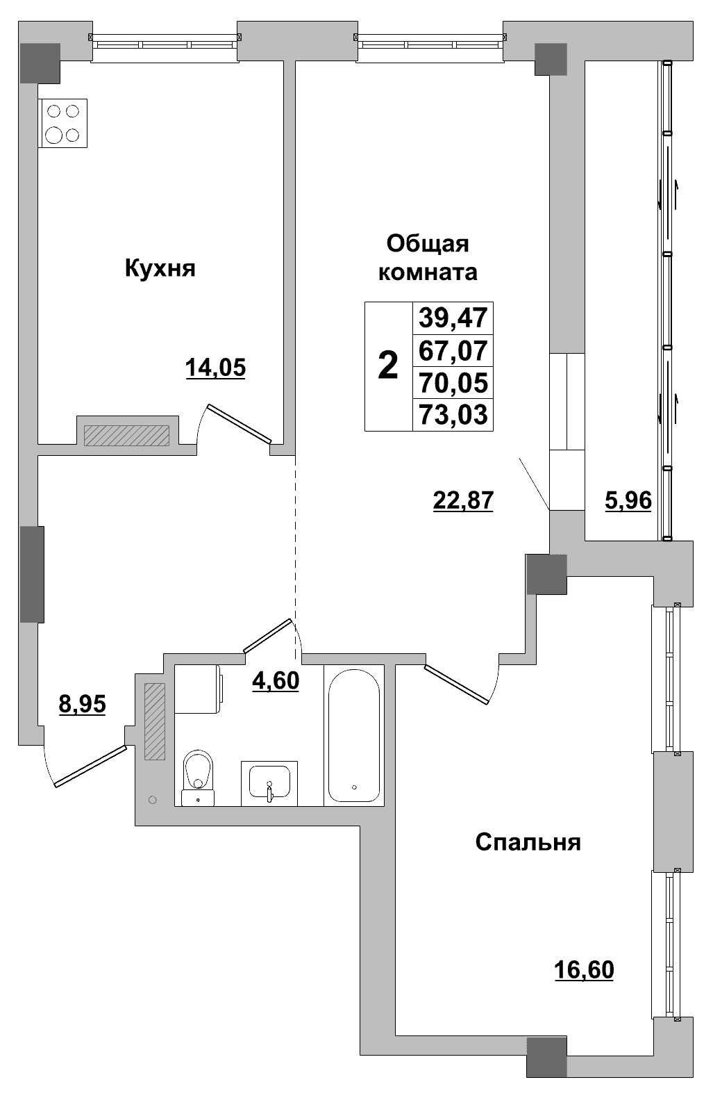 2 комн., 70.0 м²