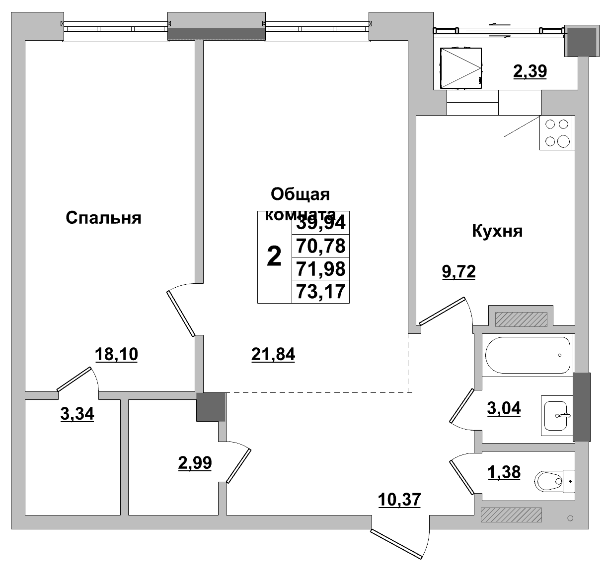 2 комн., 72.0 м²