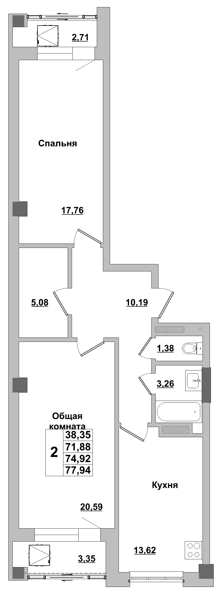 2 комн., 74.9 м²