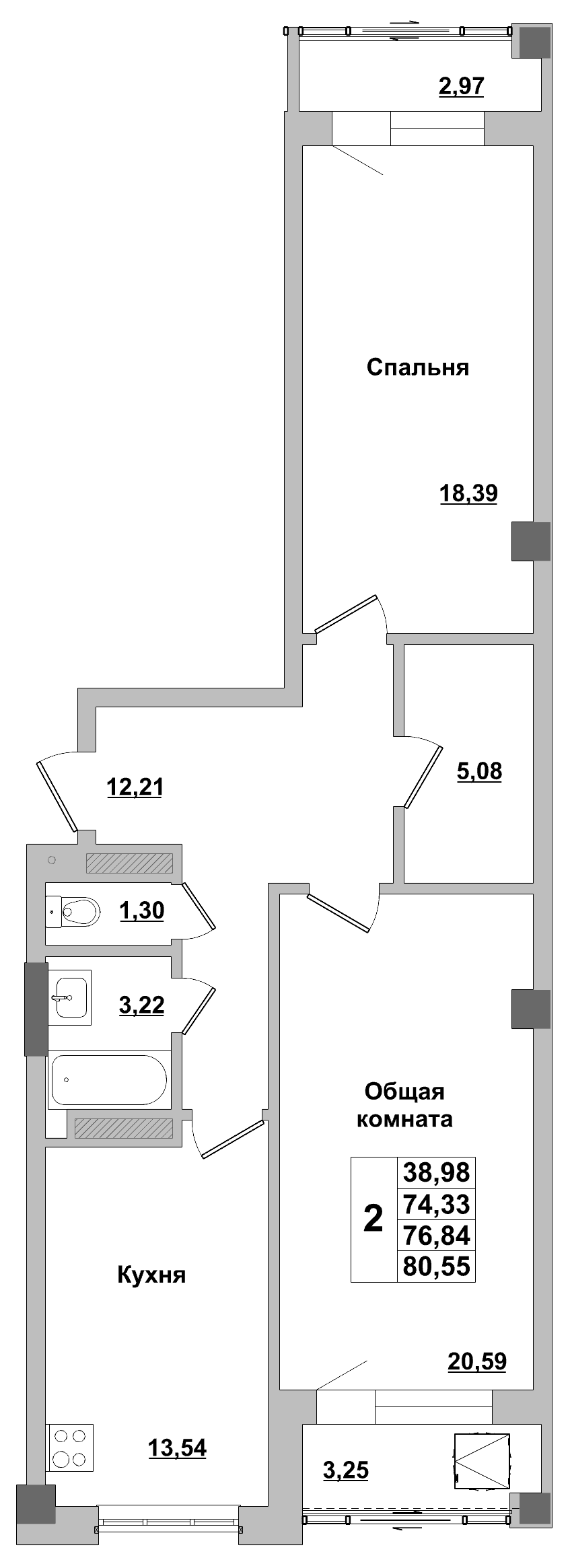 2 комн., 76.8 м²