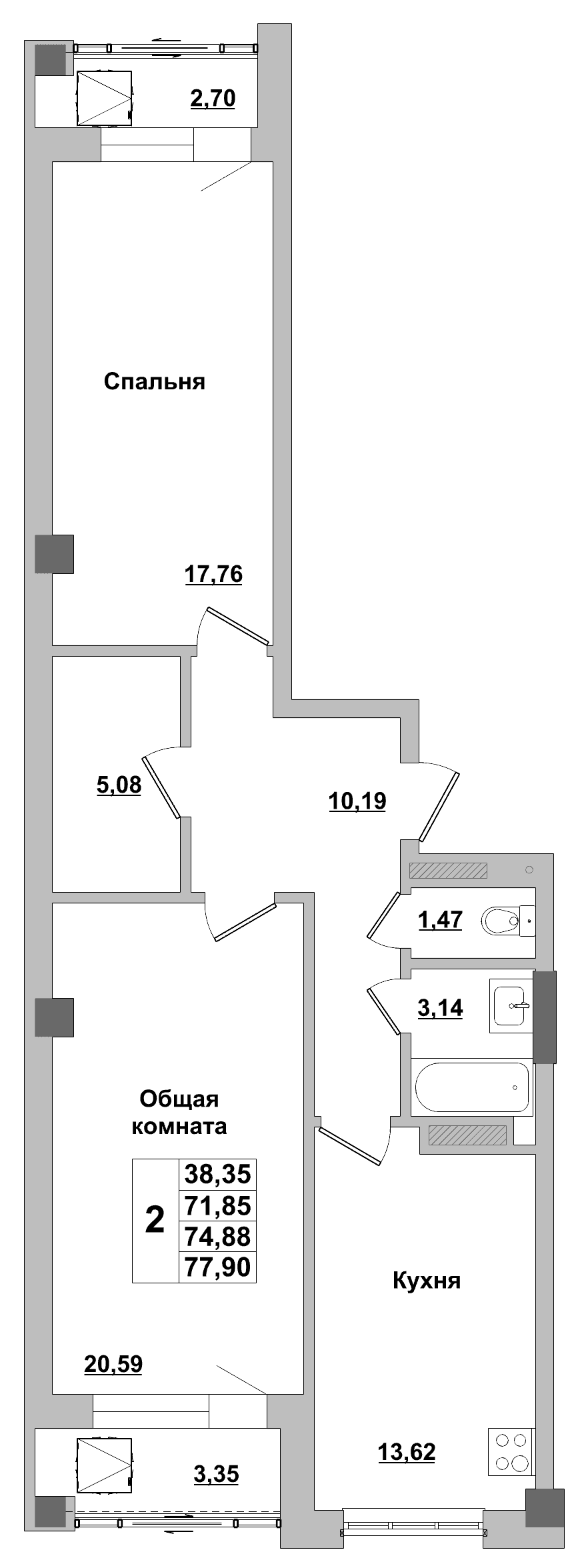 2 комн., 74.9 м²