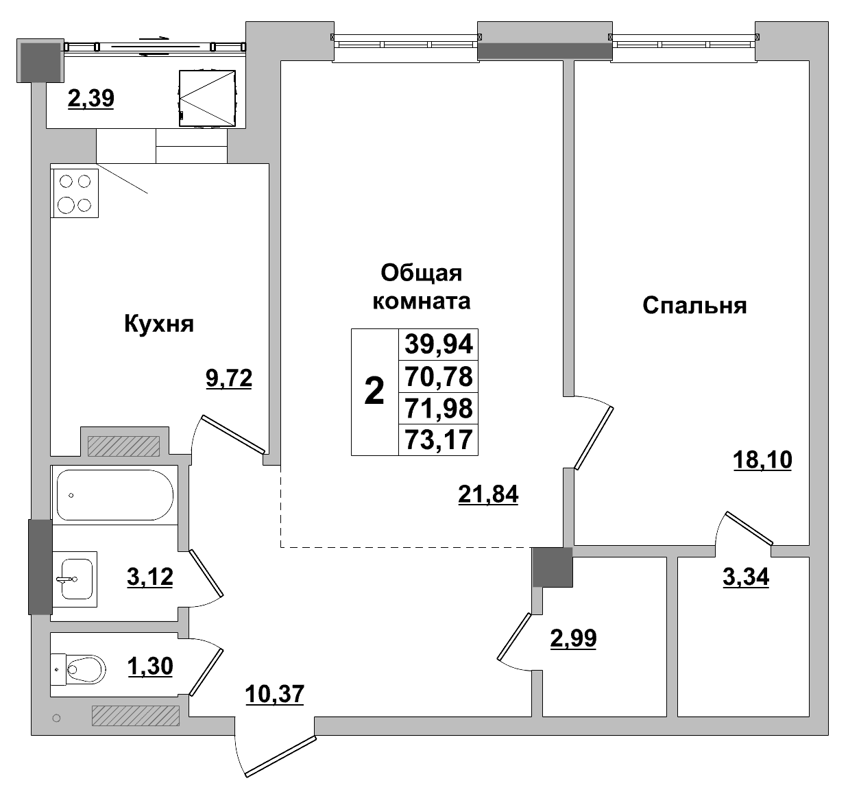 2 комн., 72.0 м²