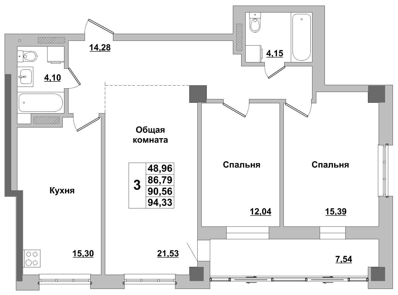 3 комн., 90.6 м²