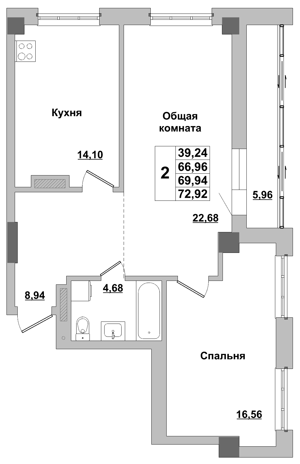 2 комн., 69.9 м²