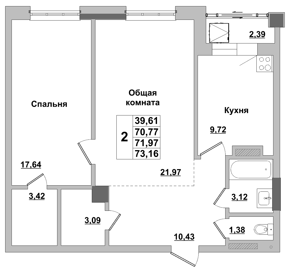 2 комн., 72.0 м²