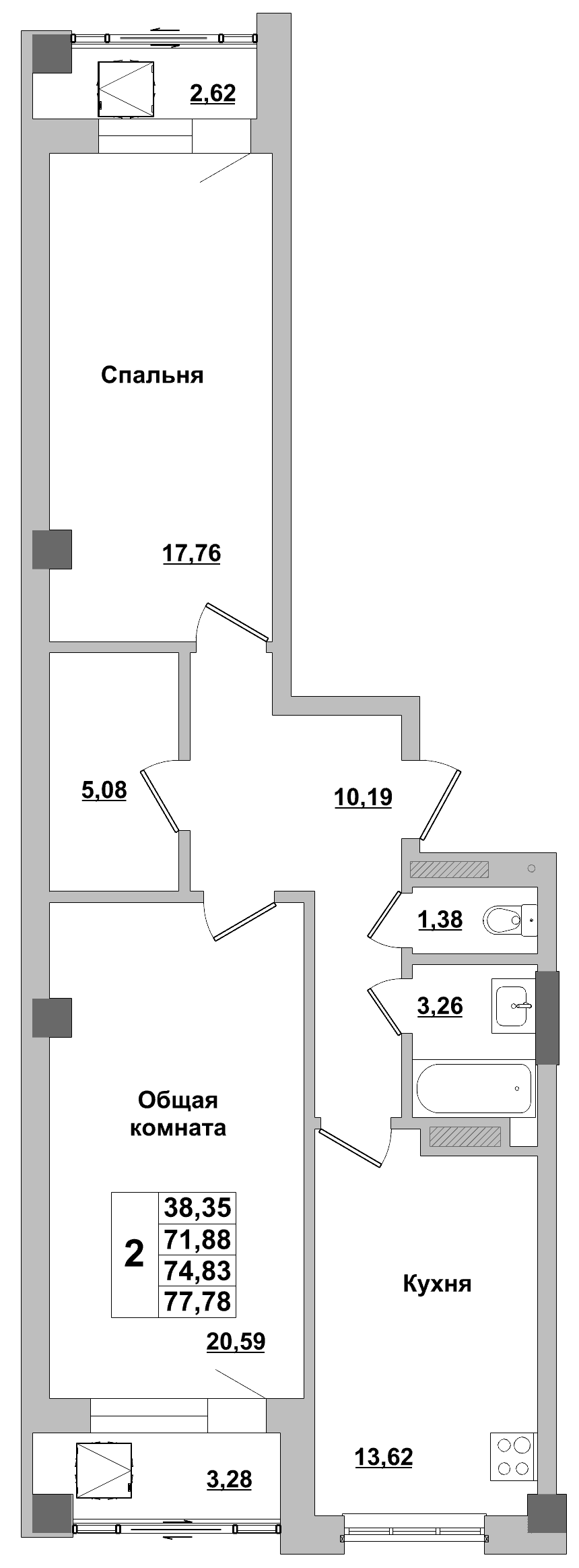 2 комн., 74.8 м²
