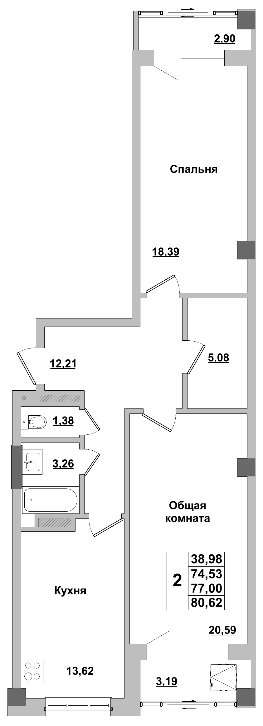 2 комн., 77.0 м²