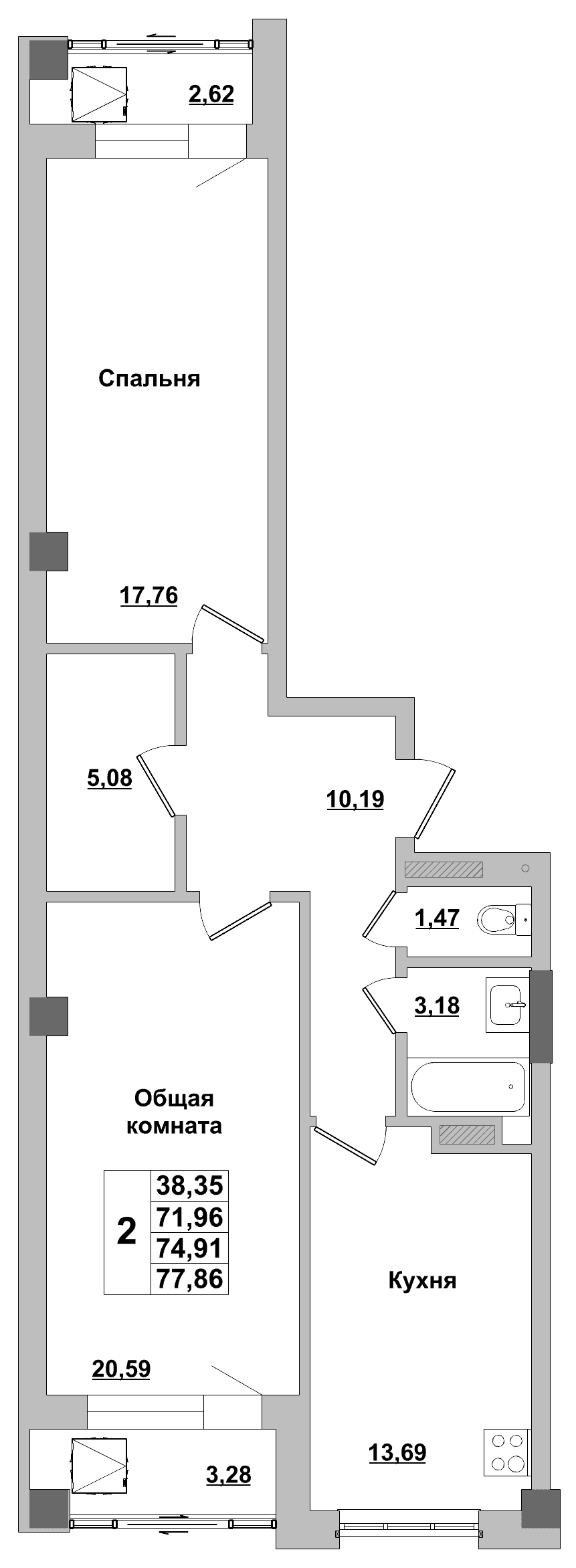 2 комн., 74.9 м²