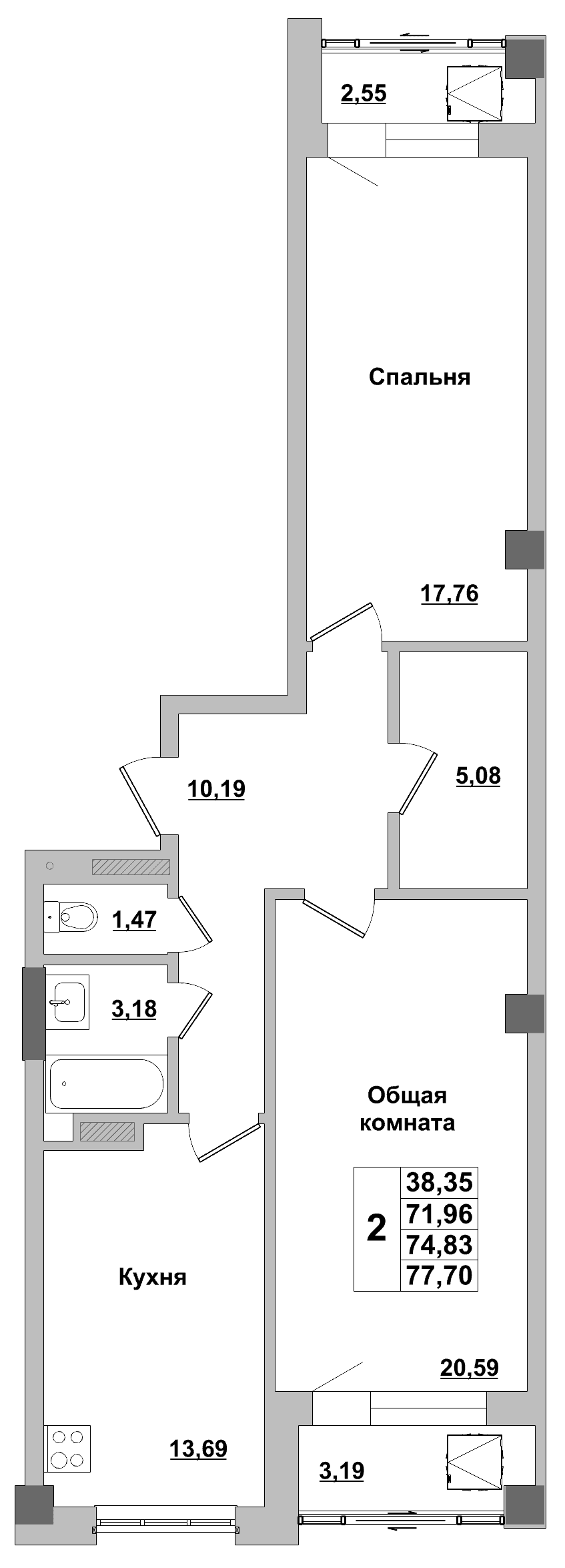 2 комн., 74.8 м²