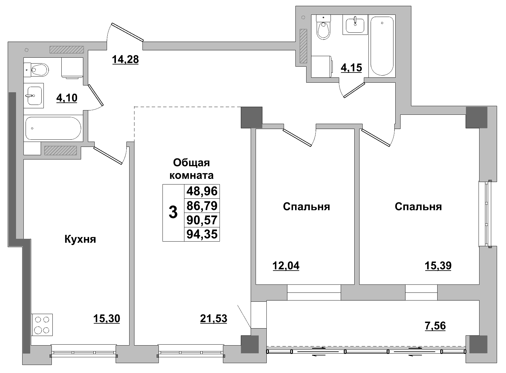 3 комн., 90.6 м²